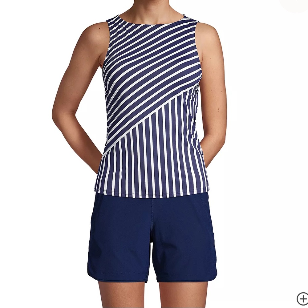 Lands End Swim Set Modest Tankini Swimsuit Top and Swim Shorts Navy White Size 8